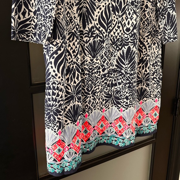 Lilly Pulitzer dress 3/4 sleeve 100% cotton navy blue shell pattern - Picture 2 of 5